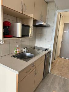 a kitchen with a sink and a microwave at Studio montagne in Villarembert