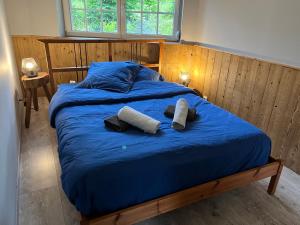 1 dormitorio con 1 cama con sábanas azules y 2 almohadas en Les Loutrons, en Cornimont
