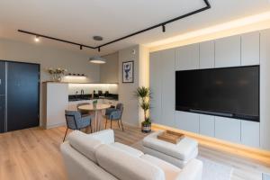 a living room with a large flat screen tv at Riverside City View & free parking in Rzeszów