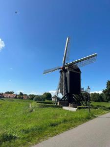 a windmill in a field next to a road at Op den Distelberg in Helvoirt