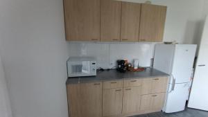 eine Küche mit Holzschränken und einem weißen Kühlschrank in der Unterkunft LouiseHélène in Merville-Franceville-Plage + 6 Fotos