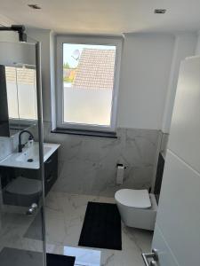 a bathroom with a toilet and a sink and a window at Casa Pedro in Osnabrück +13 photos