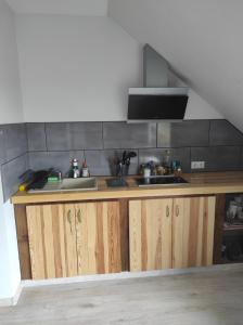 a kitchen with a sink and a counter top at Vilnīši in Ulmale