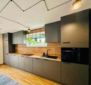 a kitchen with gray cabinets and a sink at Apartament Sweet Garden in Huta Szklana