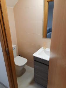 a bathroom with a toilet and a sink and a mirror at A Toca dos Coelhos in Mogadouro +7 photos