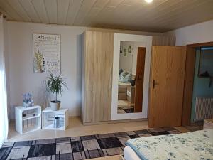 a bedroom with a bed and a large mirror at Ferienwohnung Lücking im Westerwald in Flammersfeld