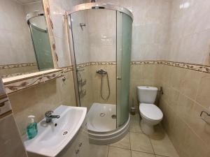 a bathroom with a shower and a sink and a toilet at Promyk Dębiny in Debina +56 photos