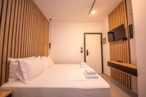 a hotel room with a bed and a television at Vila Olserd Shehu in Ksamil