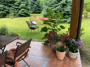 a patio with a table and chairs and flowers at Willa Matylda Karpacz in Ściegny