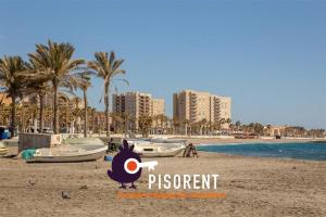 a chicken is standing on a beach with boats at Sol y Mar in Almería +7 photos