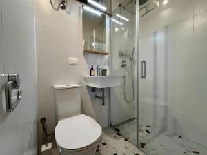 a bathroom with a toilet and a shower and a sink at Stone House Mia in Premantura +23 photos