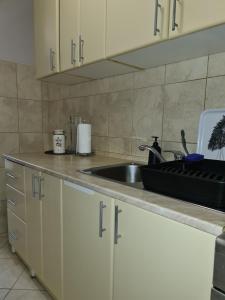 a kitchen with white cabinets and a sink at Alex Bl in Banja Luka +6 photos