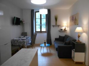 un salon avec un canapé et une table dans l'établissement LA MARMOTTE appartement T2 classé 3 étoiles, à Aulus-les-Bains