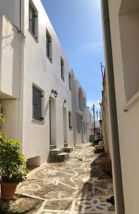 an alley with white buildings and plants on the ground at Villa Filippa Chora luxury & cozy in Kithnos