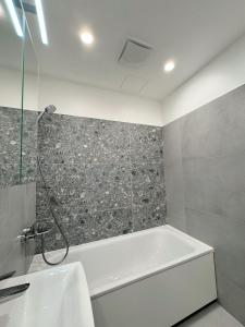 a bathroom with a bath tub and a sink at Dainas Apartment in Rīga