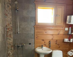 Un baño con lavabo, inodoro y ducha. en Villa Metso, Ruka, en Ruka