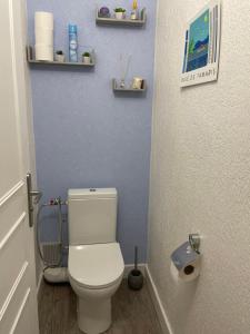 baño con aseo blanco y pared azul en chambre et salle de bain indépendantes à 200m de la plage de Fabrégas, en La Seyne-sur-Mer