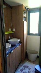 a bathroom with two sinks and a tub and a window at chalet in Onesse-et-Laharie +40 photos