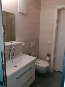 een badkamer met een witte wastafel en een toilet bij Ostseetraum in Ostseebad Koserow