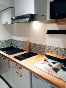 a kitchen counter with a stove and a sink at La Salamandre in Saint-Côme-de-Fresné