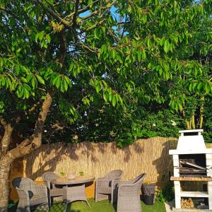 a table and chairs under a tree in a yard at La Salamandre in Saint-Côme-de-Fresné +8 photos