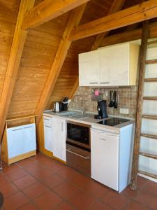 a kitchen with white appliances and wooden ceilings at Traumblick Rebenmeer in Gleisweiler +25 photos
