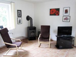 een woonkamer met 2 stoelen en een fornuis bij House Saga - Huus Asgard in Nieby