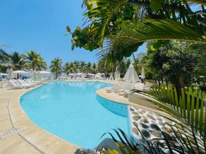 a large swimming pool with chairs and palm trees at Bonito Loft in Ixtapa