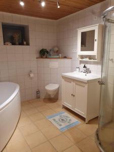 a bathroom with a toilet and a sink and a shower at Kellergeschosswohnung mit Aussicht und Terasse in Strand