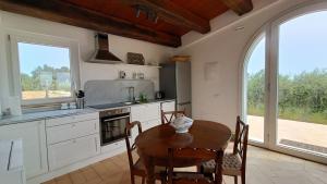 - une cuisine avec une table et des chaises ainsi que quelques fenêtres dans l'établissement Agriturismo Mondomini, à Campofilone