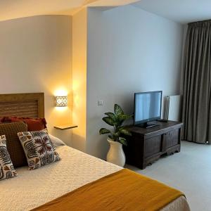 a bedroom with a bed with a flat screen tv at Casita in Santo Spirito +31 photos