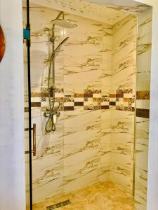 a shower in a bathroom with a marble wall at Unforgettable views of Marina Agadir in Agadir +10 photos