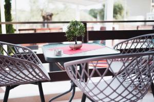 a table and chairs with a potted plant on it at latus apartments in Potos