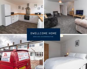 eine Collage mit drei Bildern von einer Küche und einem Schlafzimmer in der Unterkunft Free Driveway Parking 3 Double Bedroom House, Ideal for long term contractor, etc stays, 4 miles 11 mins drive to Nissan, 20 mins drive to Sunderland Newcastle, Fast WIFI - see Dwellcome Home Ltd site for assurance in Jarrow