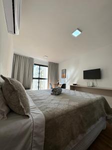 a bedroom with a large bed and a television at Studio Aconchegante in Poços de Caldas