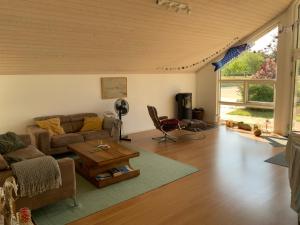 ein Wohnzimmer mit Sofa und Tisch in der Unterkunft Ferienhaus Villa Sun Rügen in Vaschvitz