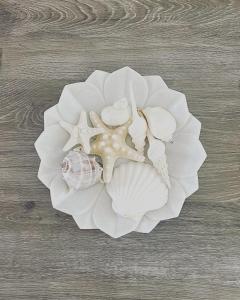 a white plate with seashells on a wooden table at Nautilus Hamptons Style Beach Apartment Merimbula in Merimbula +5 photos