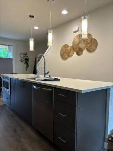 a kitchen with a sink and a counter top at Haven at Greenbridge Close to Airport and Downtown in Seattle