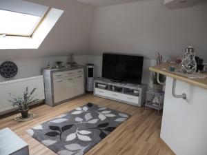 a living room with a flat screen tv and a rug at Ferienhaus Gerda in Osteel