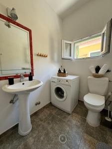 a bathroom with a toilet and a sink and a washing machine at Alechimmo Authentic Corfiot Style House - 2 Bedrooms - Split Level in Lefkimmi