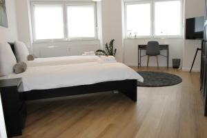 パーダーボルンにあるZimmer mit 2 Betten im Zentrumの大きなベッドと机のある寝室