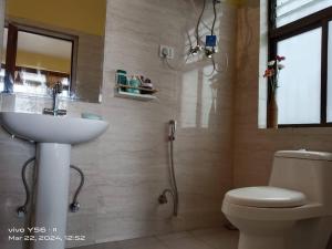 a bathroom with a toilet and a sink and a shower at Adrija Luxury homes, Kanchenjunga View, 2000 sqft in Darjeeling