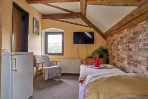 a room with a refrigerator and a brick wall at Penzion Pegas Depoltovice in Nová Role