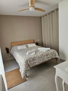 a bedroom with a bed and a ceiling fan at Le Mas Sophil in Carcès