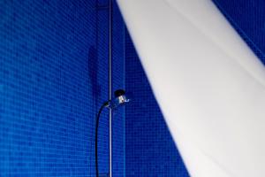 a shower in front of a blue tile wall at slot Ferienwohnung Schwetzingen in Schwetzingen