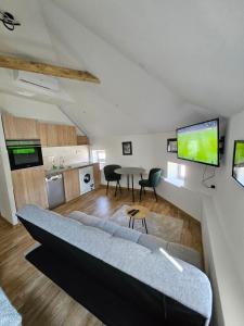 a living room with a couch and a tv at Magazaki Apartments Tešnjar in Valjevo