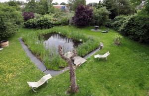 a garden with chairs and a pond in the grass at Ferienwohnung am Schwimmteich 2 in Lachendorf