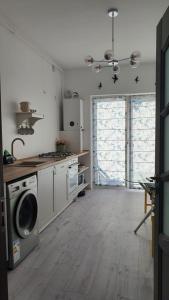 a kitchen with a washer and dryer in a room at La Ana Apartament in Şelimbăr