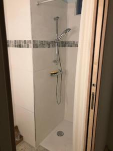 una ducha con puerta de cristal en un baño en Le Regina Studio 5p mer parking, en Le Grau-du-Roi