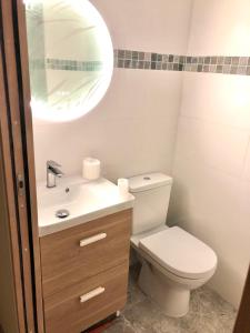 Un baño con inodoro, lavabo y espejo. en Le Regina Studio 5p mer parking, en Le Grau-du-Roi